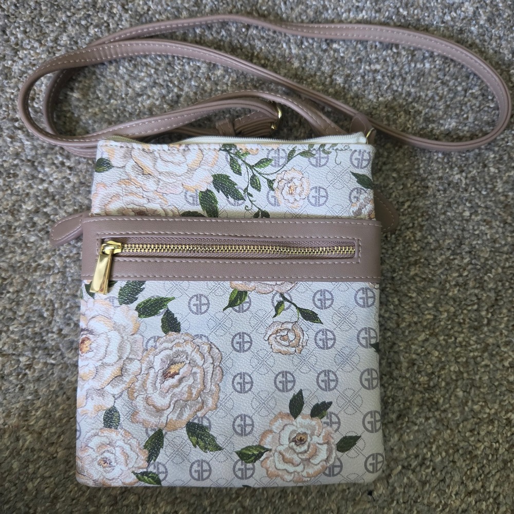 Giani Bernini Floral Monogram Crossbody Bag Taupe Cream‎ Faux Leather 11515